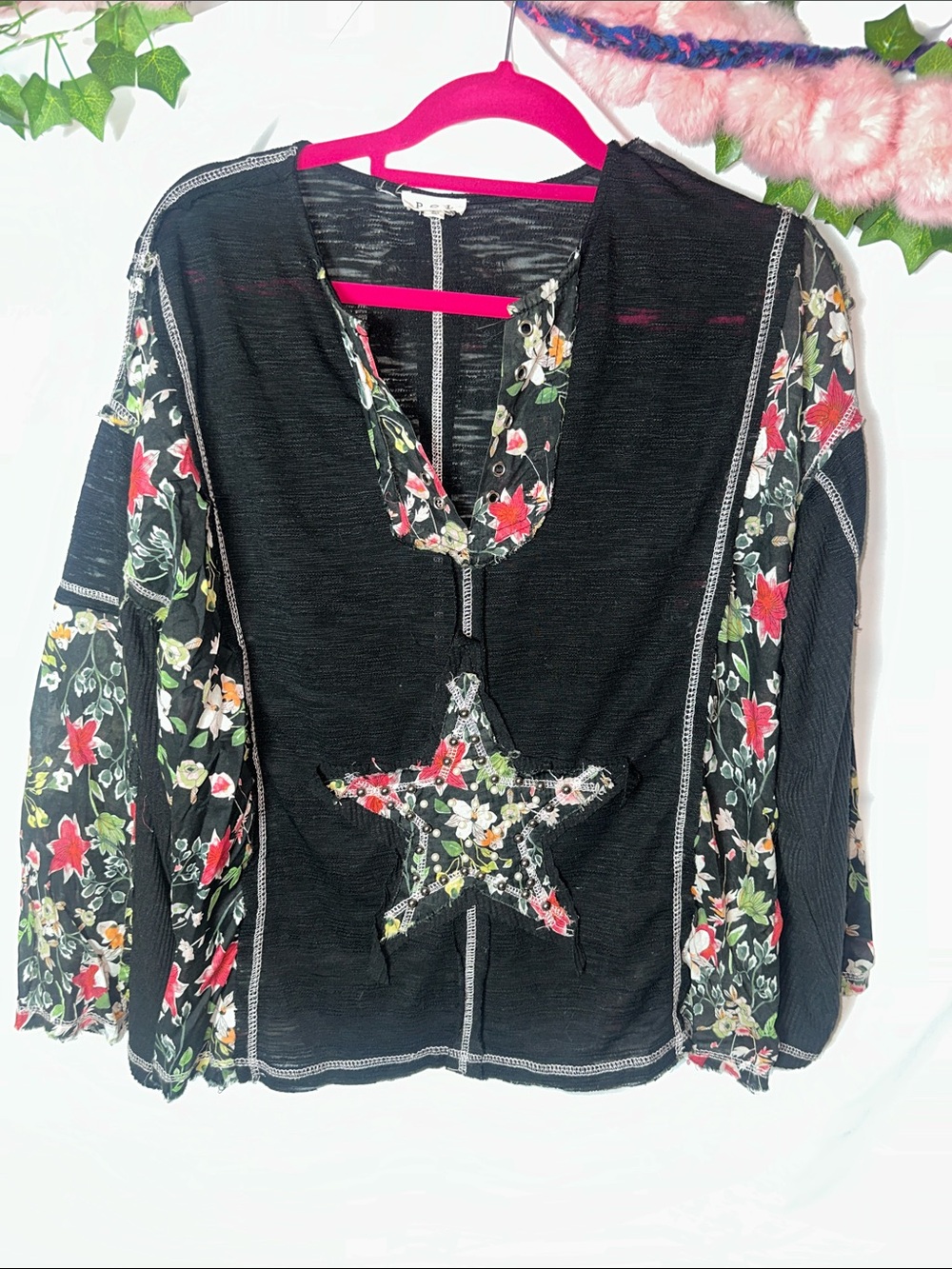 POL Black Tunic with Floral Sleeves & Star Applique